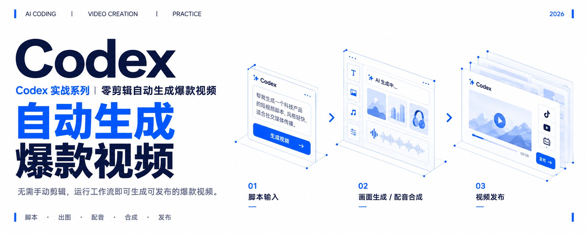 图片展示了Codex生成爆款视频的流程。左侧标题为“Codex实战系列 | 零剪辑自动生成爆款视频”,下方文字说明无需手动剪辑,运行工作流即可生成可发布的爆款视频。右侧分为三个步骤:01脚本输入,有“完成剧本”按钮;02画面生成/配音合成,有音乐、音效、字幕等图标;03视频发布,有播放、分享等图标。该图与上下文介绍的从脚本到视频发布全流程相呼应,直观呈现了操作步骤。