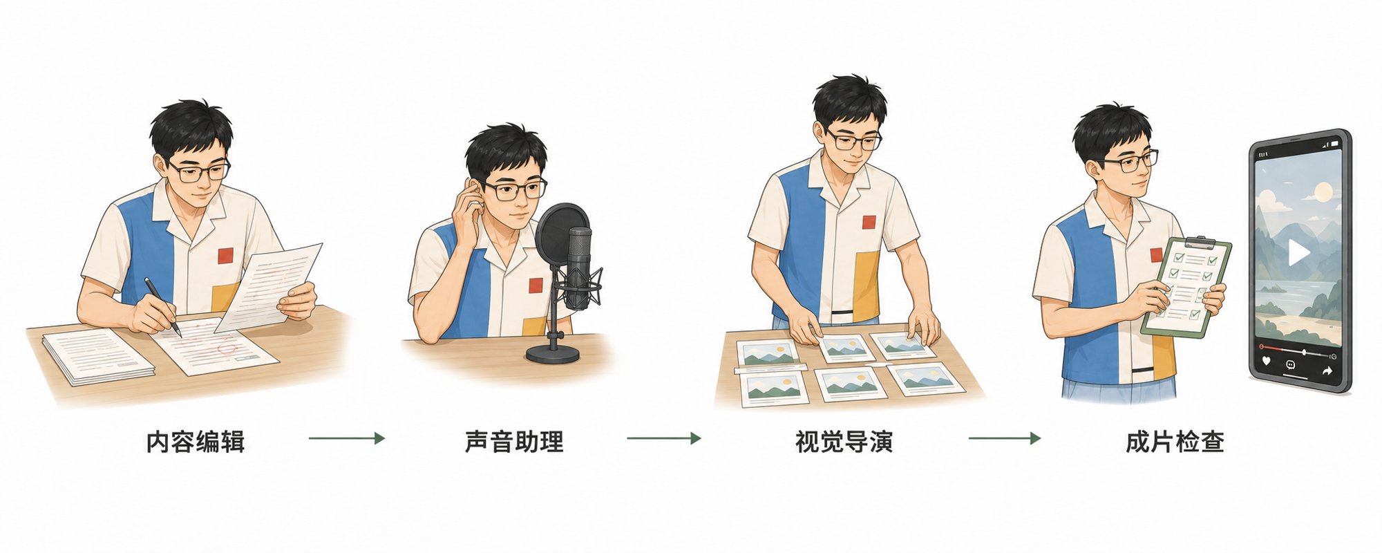 图片展示了视频制作流程。左侧一人在桌前写稿,标注“内容编辑”;中间一人对着麦克风讲话,标注“声音助理”;右侧一人在桌前摆放图片,标注“视觉导演”;最右侧一人手持平板,平板上显示视频播放界面,标注“成片检查”。箭头连接各步骤,表明流程顺序。该图与上文提到的把工具放回流程里后,Codex会先做内容编辑,再处理声音、分镜和成片检查的内容相呼应,直观呈现了视频制作的各环节。