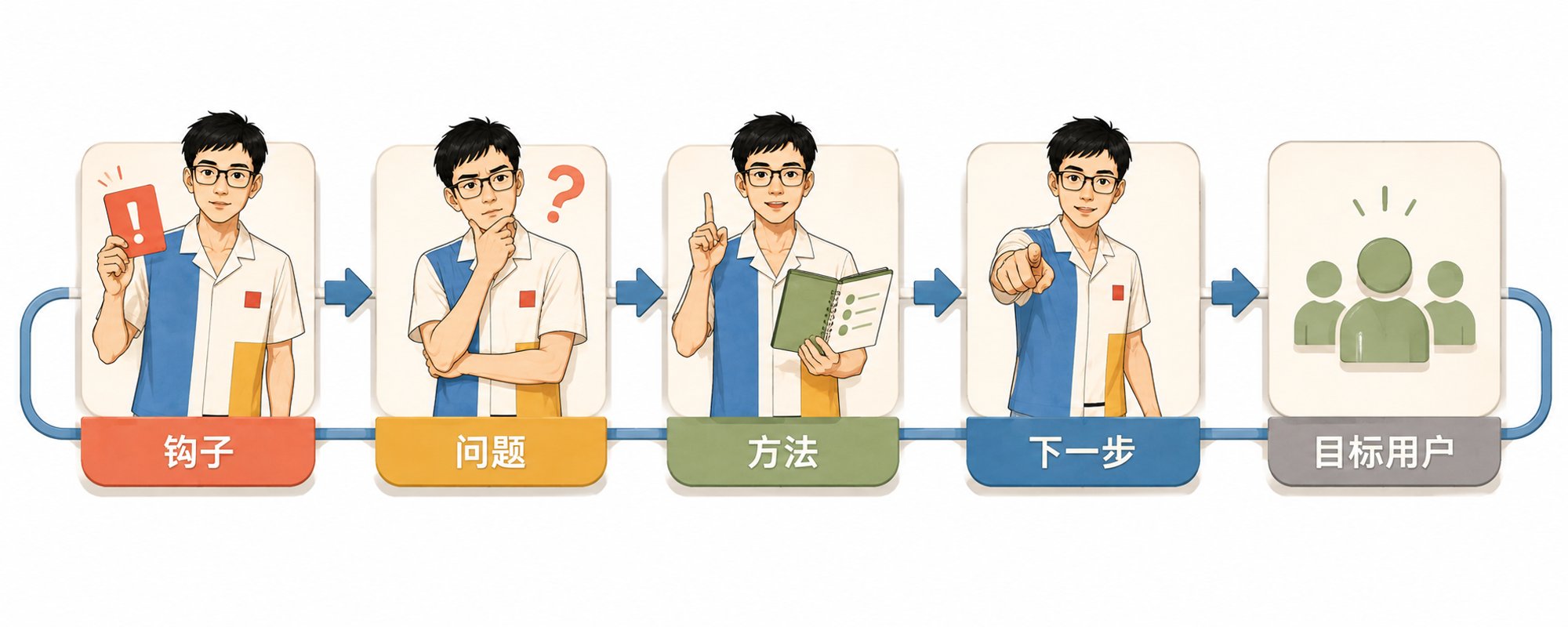 图片展示了视频口播内容的四段结构。左侧男子手持红色卡片,下方标有“钩子”;中间男子思考,下方标“问题”;右侧男子手持笔记本,下方标“方法”;最右侧男子指向目标用户群体,下方标“下一步”。这与文档中提到的口播最好有四段内容相呼应,直观呈现了“钩子”“问题”“方法”“下一步”这四段的顺序及对应场景。