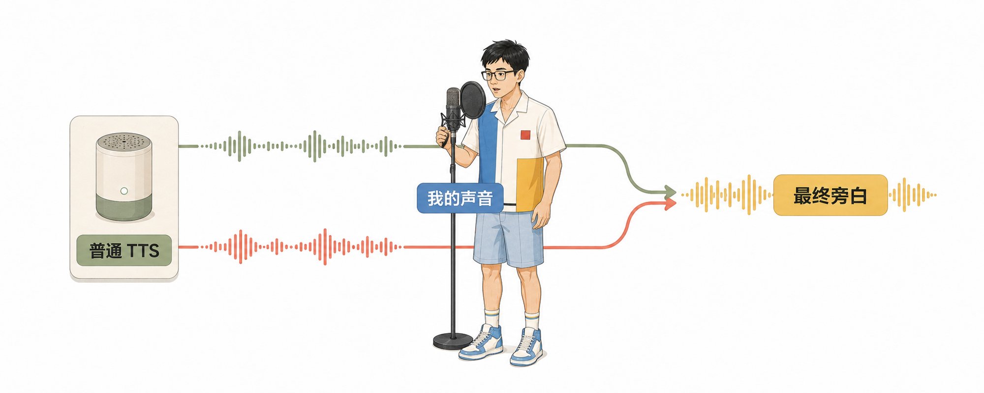 图片展示了使用普通TTS和复刻个人声音生成旁白的流程。左侧为普通TTS,中间是手持麦克风的卡通人物,标注“我的声音”,右侧是最终旁白。箭头从普通TTS指向中间人物,再指向最终旁白,还有一条从中间人物指向最终旁白的箭头。该图与上下文紧密相关,直观呈现了先用普通TTS生成音频,再用个人声音复刻,最终得到旁白的制作步骤。