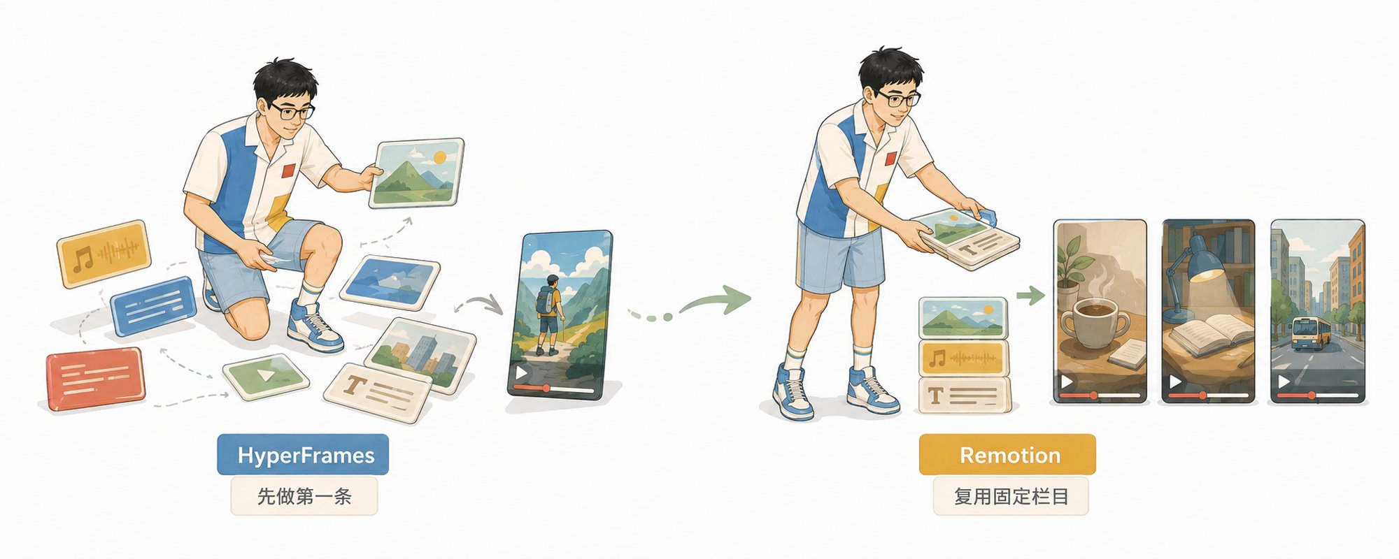 图片展示了HyperFrames和Remotion两种视频制作方式。左侧为HyperFrames,先做第一条,画面中人物先排列多张图片,再将一张图片拼接成视频;右侧为Remotion,复用固定栏目,画面中人物将一张图片放入固定位置,生成多张视频。图片与上下文紧密相关,直观呈现了上下文提到的两种视频制作方式的工作流程,帮助理解HyperFrames先组织画面、Remotion先做栏目模板再填内容的特点。