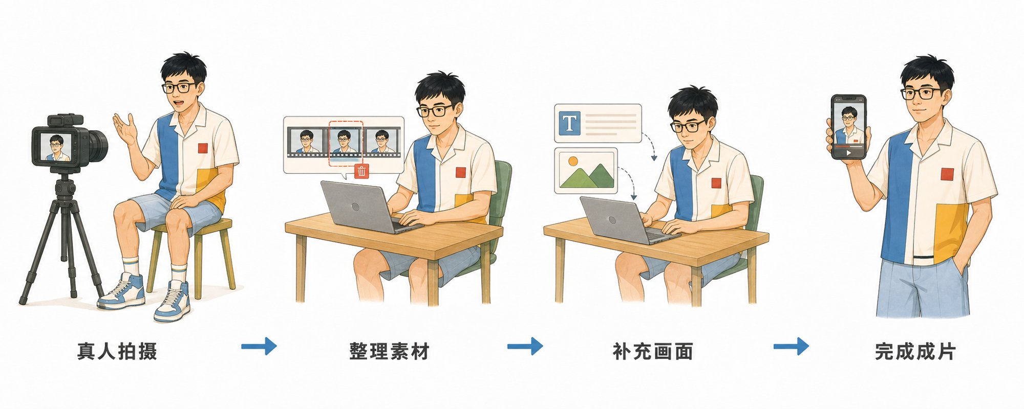 这张图展示了使用video-use处理视频素材的完整流程,共分为四个步骤,从左到右依次推进。第一步是真人拍摄,通过摄像机完成视频录制;第二步是整理素材,操作人员在笔记本电脑前筛选处理已拍摄的视频片段;第三步是补充画面,为视频添加对应的图文素材;第四步是完成成片,最终在手机上呈现出成品视频。这套流程对应了文档中所述的video-use功能,也就是将拍好的素材转写后筛选、再完成剪辑、补充画面与字幕的视频处理过程。